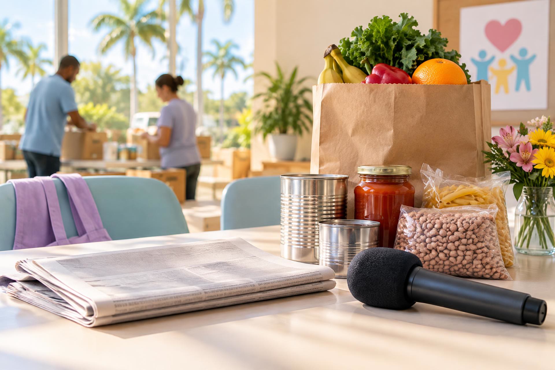 A reporter microphone, newspaper and pantry foods on a community table