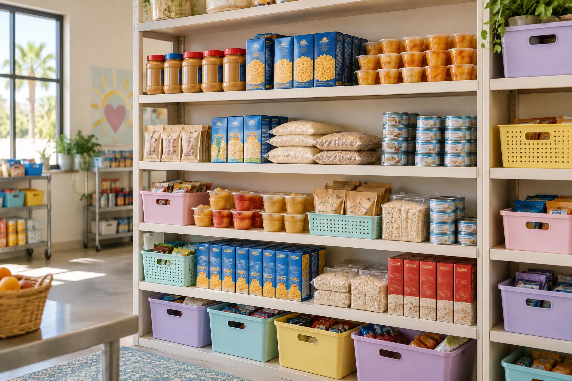 A bright pantry stocked with kid-friendly food